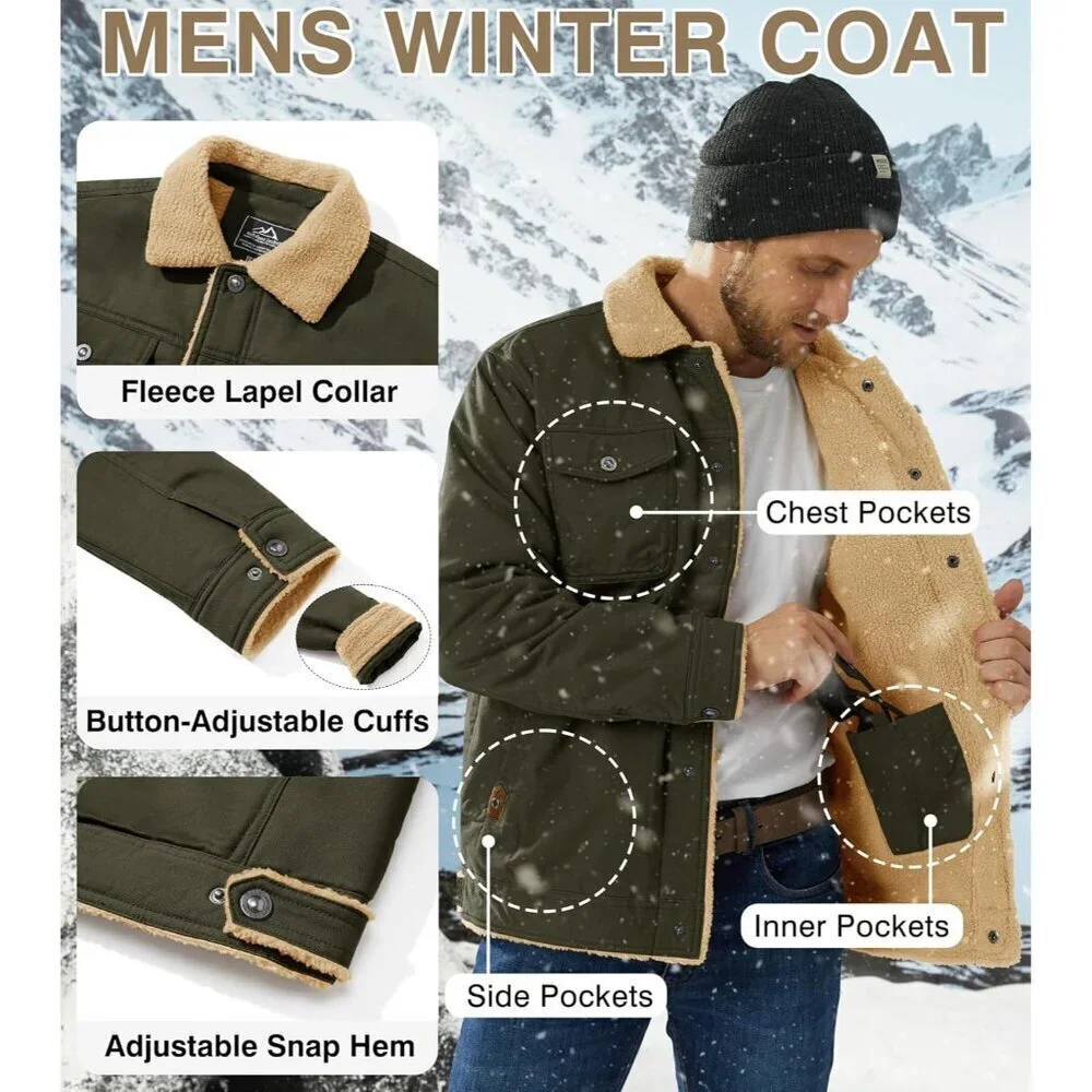 Men's Green Winter Thick Thermal Cotton Warm Fleece Lined Coat Cargo Jackets